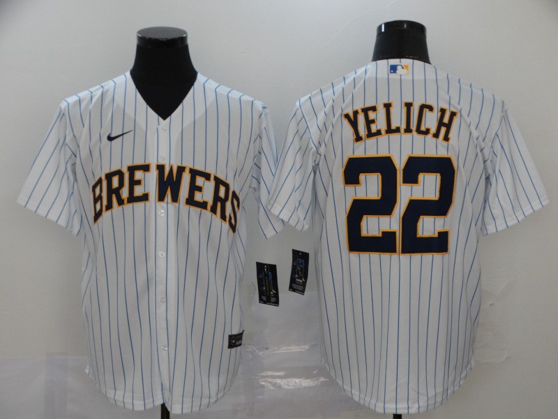 Men Milwaukee Brewers #22 Yelich White stripes Nike Game MLB Jerseys->milwaukee brewers->MLB Jersey